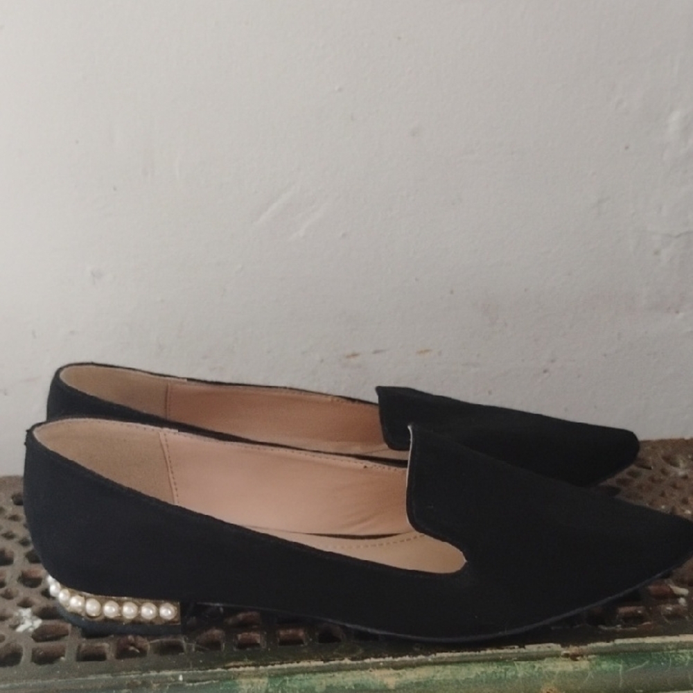Truffle Collection | Black Faux Suede Flats With Pearl Detail | US 7 | NWOT